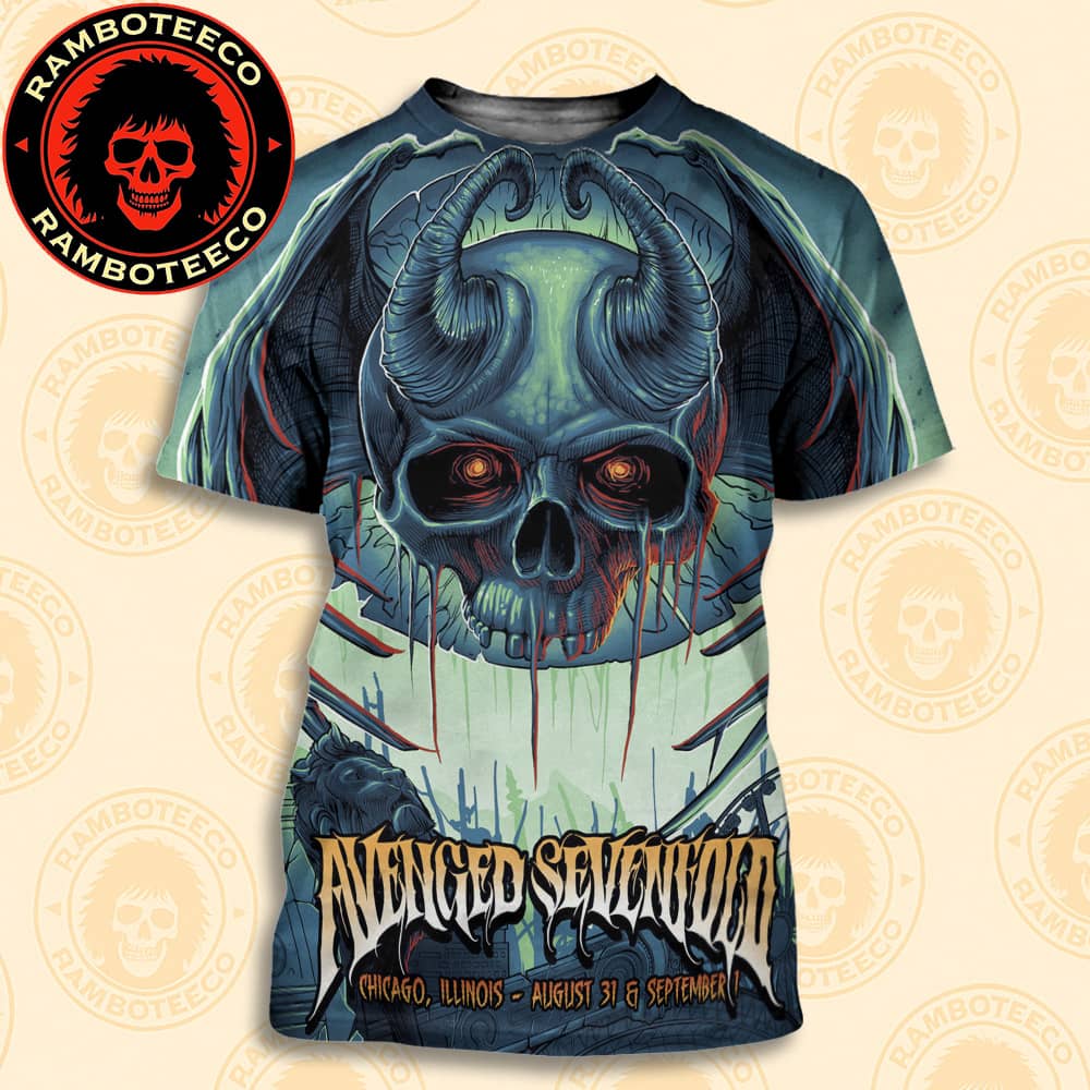 Avenged Sevenfold Concert Poster In Chicago IL On Aug 31st - Sept 1st At Soldier Field All Over Print T-Shirt Avenged Sevenfold Concert Poster In Chicago IL On Aug 31st - Sept 1st At Soldier Field All Over Print T-Shirt
