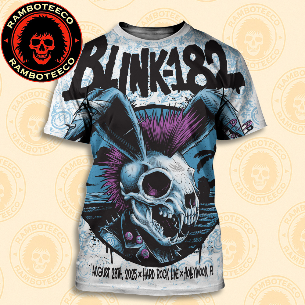 Blink-182 Missionary Impossible 2025 Concert Poster In Hollywood FL On Aug 28th 2025 At Hard Rock Live All Over Print T-Shirt Blink-182 Missionary Impossible 2025 Concert Poster In Hollywood FL On Aug 28th 2025 At Hard Rock Live All Over Print T-Shirt