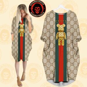 Gucci Bearick Beige Background Logo Monogram Iconic Stripe Batwing Pocket Dress