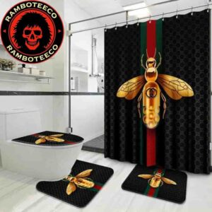 Gucci Bee Black Background Bathroom Set Luxury Shower Curtain Bath Rug Home Decor