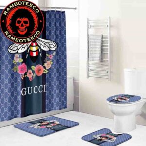 Gucci Bee Flower Blue Navy Background Logo Monogram Bathroom Set Luxury Shower Curtain Bath Rug Home Decor