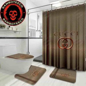 Gucci Beige Background Iconic Logo Monogram Bathroom Set Luxury Shower Curtain Bath Rug Home Decor