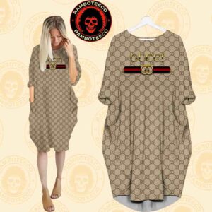 Gucci Beige Background Logo Monogram Iconic Stripe Batwing Pocket Dress