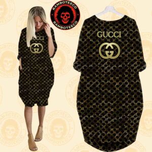 Gucci Black Background Luxury Gold Logo Monogram Batwing Pocket Dress