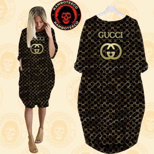 Gucci Black Background Luxury Gold Logo Monogram Batwing Pocket Dress