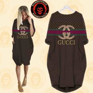 Gucci Brown Background Logo Monogram Iconic Glitter Stripe Batwing Pocket Dress