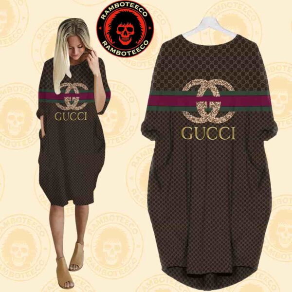 Gucci Brown Background Logo Monogram Iconic Glitter Stripe Batwing Pocket Dress