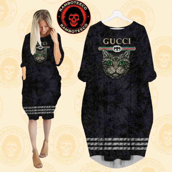 Gucci Cat With Black Background Iconic Logo Batwing Pocket Dress