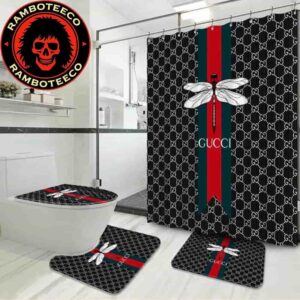 Gucci Dragonfly Black Background White Logo Monogram Bathroom Set Luxury Shower Curtain Bath Rug Home Decor