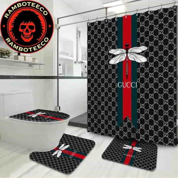 Gucci Dragonfly Black Background White Logo Monogram Bathroom Set Luxury Shower Curtain Bath Rug Home Decor