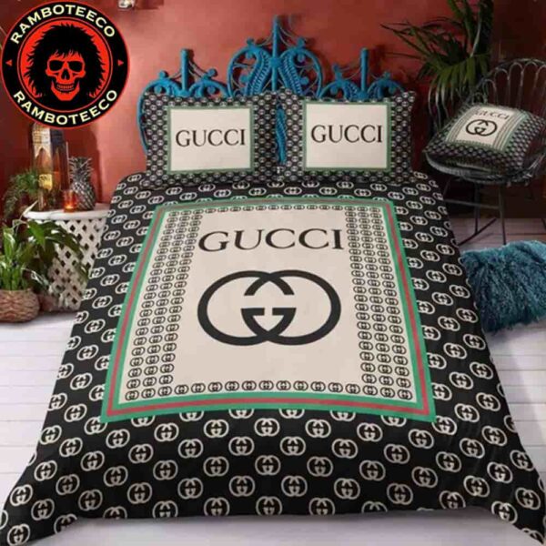 Gucci Luxury And Fashion Black Logo Monogram Iconic Duvet Cover For Bedroom Queen Bedding Set