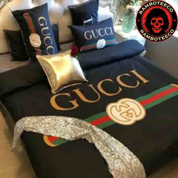 Gucci Luxury And Fashion Logo Black Background Duvet Cover For Bedroom Queen Bedding Set