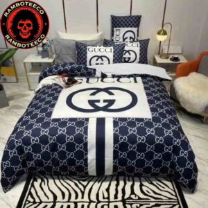 Gucci Luxury And Fashion Navy Blue Logo Monogram Duvet Cover For Bedroom Queen Bedding Set