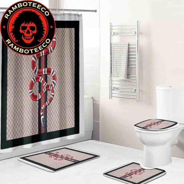 Gucci Snake Beige Background Logo Monogram Bathroom Set Luxury Shower Curtain Bath Rug Home Decor