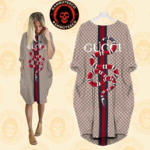 Gucci Snake Beige Background Logo Monogram Iconic Stripe Batwing Pocket Dress