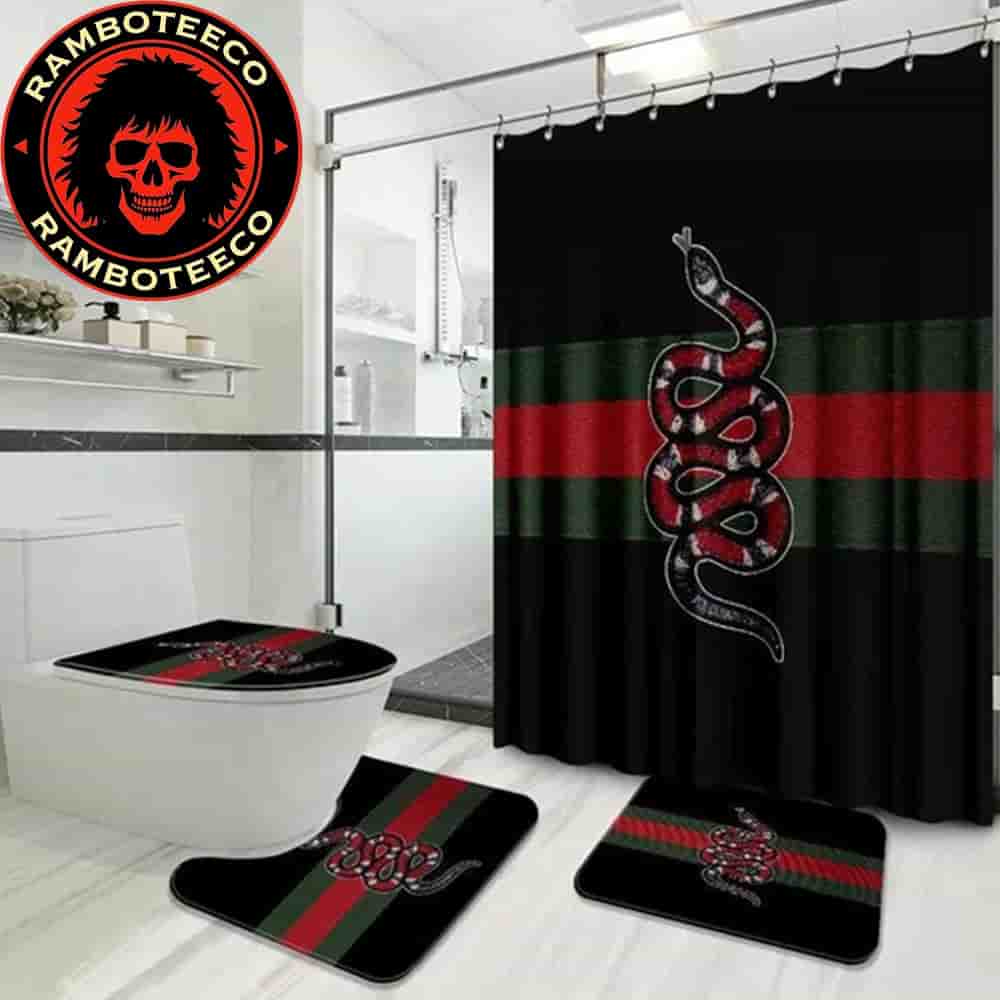 Gucci Snake Black Background Bathroom Set Luxury Shower Curtain Bath Rug Home Decor Gucci Snake Black Background Bathroom Set Luxury Shower Curtain Bath Rug Home Decor