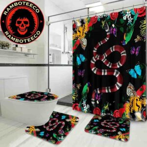 Gucci Snake Black Background Floral Print Bathroom Set Luxury Shower Curtain Bath Rug Home Decor