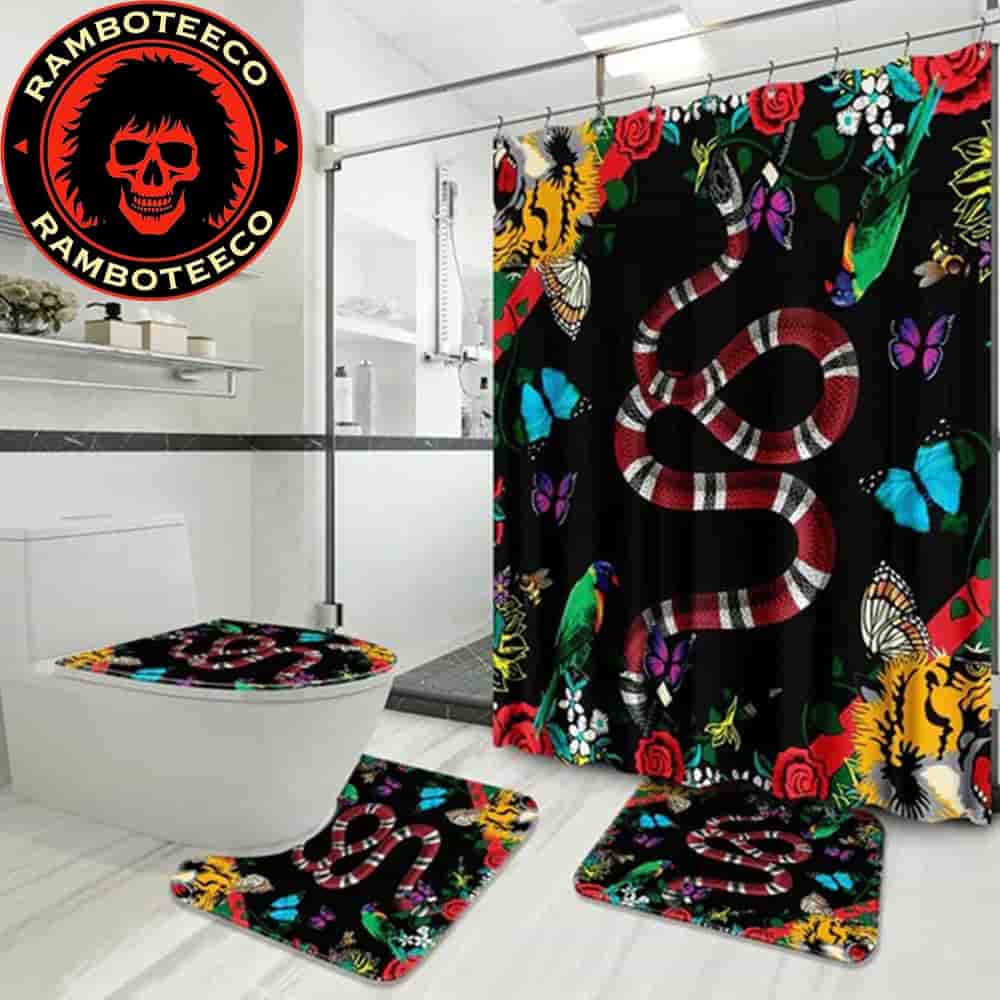 Gucci Snake Black Background Floral Print Bathroom Set Luxury Shower Curtain Bath Rug Home Decor Gucci Snake Black Background Floral Print Bathroom Set Luxury Shower Curtain Bath Rug Home Decor