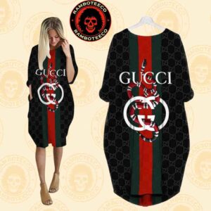 Gucci Snake Black Background Logo Monogram Batwing Pocket Dress
