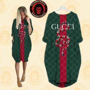 Gucci Snake Green Background Logo Monogram Iconic Stripe Batwing Pocket Dress