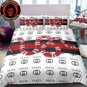 Gucci Snake Luxury And Fashion White Pattern Logo Duvet Cover For Bedroom Queen Bedding Set