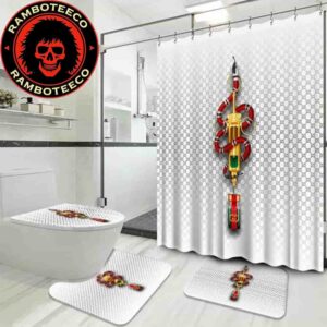 Gucci Snake White Background Black Logo Monogram Bathroom Set Luxury Shower Curtain Bath Rug Home Decor
