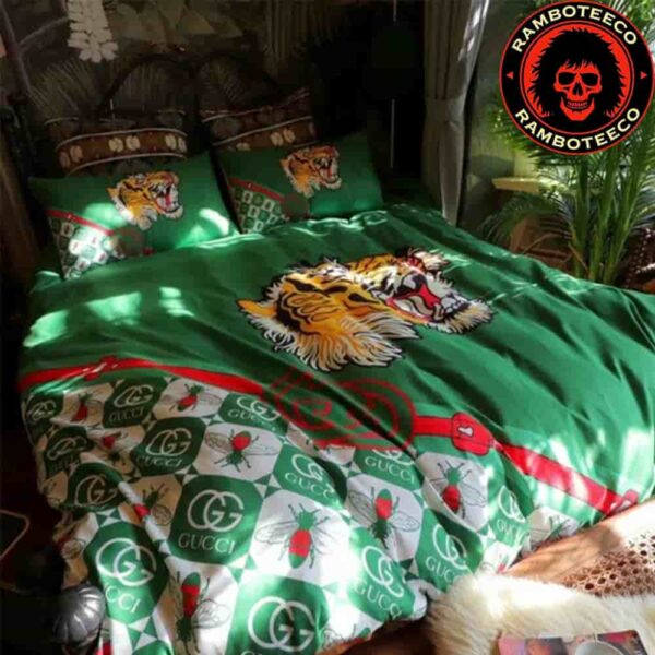 Gucci Tiger Luxury And Fashion Green Bee Pattern Duvet Cover For Bedroom Queen Bedding Set