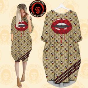 Gucci x Mickey Mouse With Red Lip Pattern Yellow Background Batwing Pocket Dress