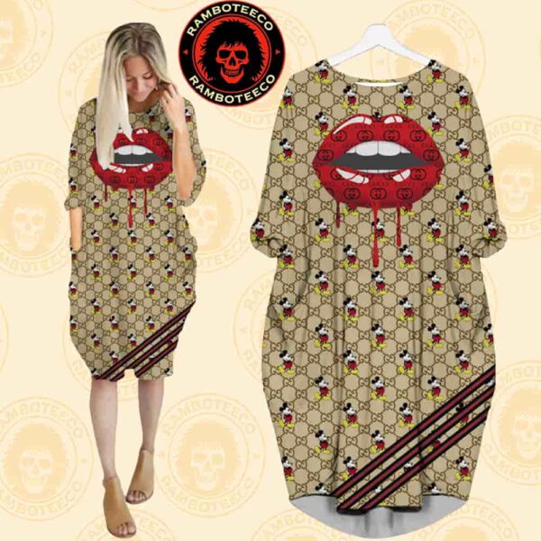 Gucci x Mickey Mouse With Red Lip Pattern Yellow Background Batwing Pocket Dress