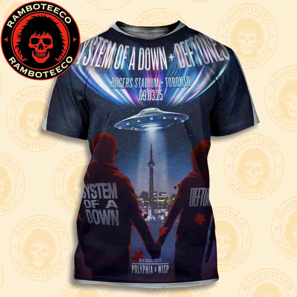 System Of A Down And Deftones With Polyphia And Wisp Concert Poster In Toronto Canada On Sept 3rd 2025 At Rogers Stadium All Over Print T-Shirt System Of A Down And Deftones With Polyphia And Wisp Concert Poster In Toronto Canada On Sept 3rd 2025 At Rogers Stadium All Over Print T-Shirt