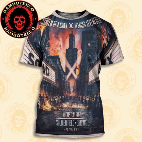 System Of A Down x Avenged Sevenfold With Polyphia And Wisp Concert Poster In Chicago On Aug 31st 2025 At Soldier Field All Over Print T-Shirt