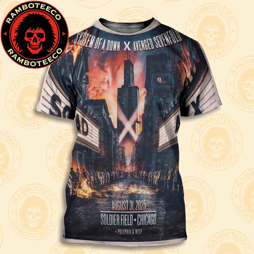 System Of A Down x Avenged Sevenfold With Polyphia And Wisp Concert Poster In Chicago On Aug 31st 2025 At Soldier Field All Over Print T-Shirt System Of A Down x Avenged Sevenfold With Polyphia And Wisp Concert Poster In Chicago On Aug 31st 2025 At Soldier Field All Over Print T-Shirt