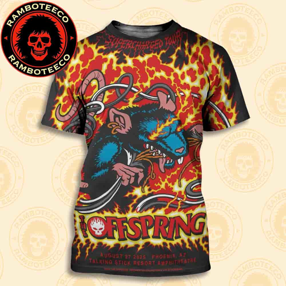 The Offspring Supercharged Worldwide In '25 Tour Phoenix AZ Concert Poster At Talking Stick Resort Amphitheatre On Aug 27 2025 All Over Print T-Shirt The Offspring Supercharged Worldwide In '25 Tour Phoenix AZ Concert Poster At Talking Stick Resort Amphitheatre On Aug 27 2025 All Over Print T-Shirt