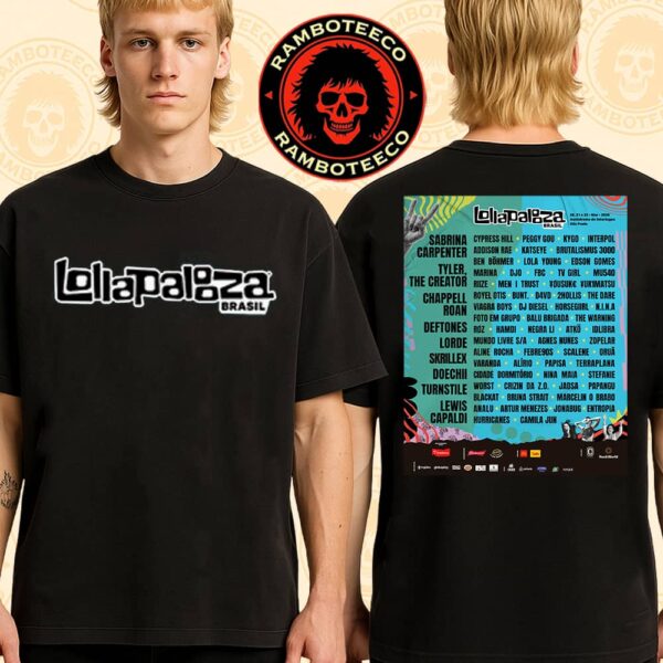 Lollapalooza South America Music Festival Brazil 2026 Lineup Poster At Autodromo de Interlagos Sao Paulo On 20,21,22 Mar 2026 Merch Two Sided T-Shirt
