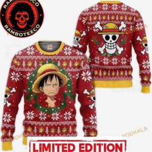 Luffy Funny Face One Piece Anime Xmas Ugly Christmas Sweater 2025 Vacation For Family